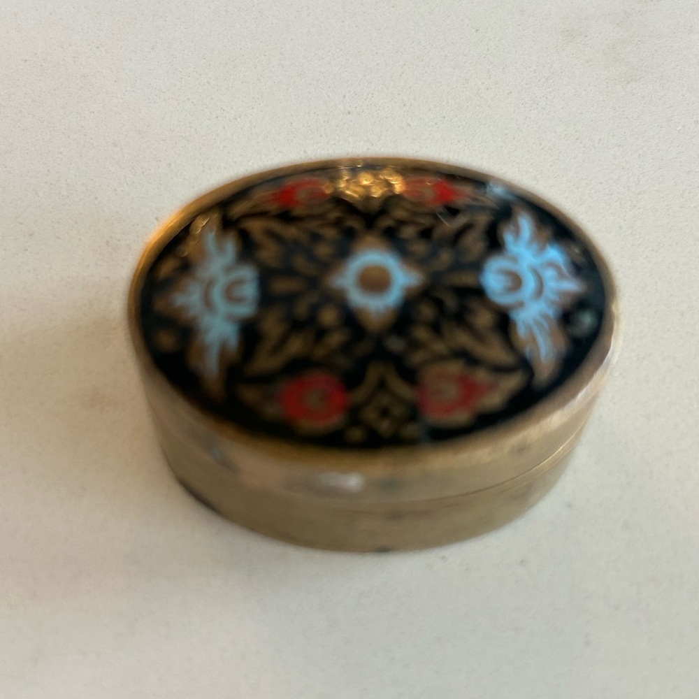 Tiny enamel hand painted oval brass box